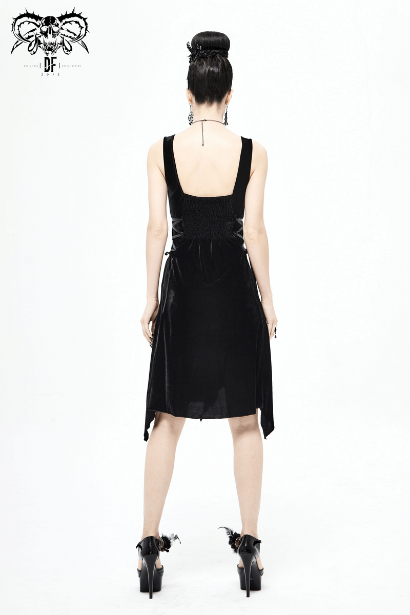 Back view of a women's gothic black velvet sleeveless dress with lace details, perfect for an elegant dark wardrobe.