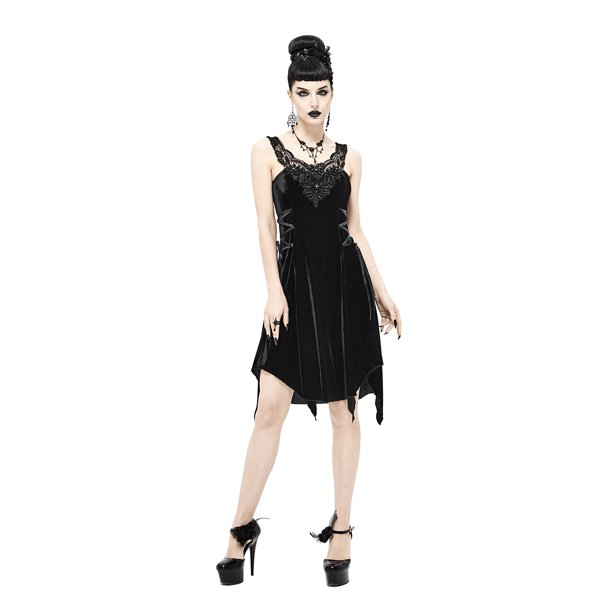Gothic style sleeveless black velvet dress with lace-up details, perfect for an elegant gothic wardrobe.