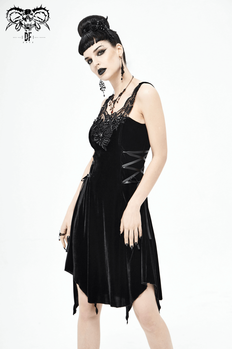 Elegant black velvet gothic dress with lace and side lace-up details, perfect for a stylish dark wardrobe.