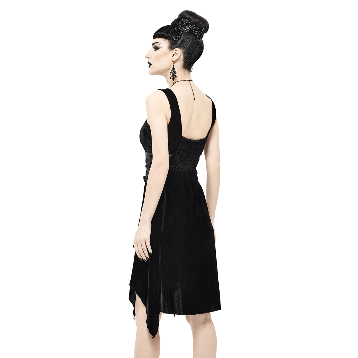 Back view of a gothic style black velvet sleeveless dress with lace-up sides, perfect for elegant gothic fashion.