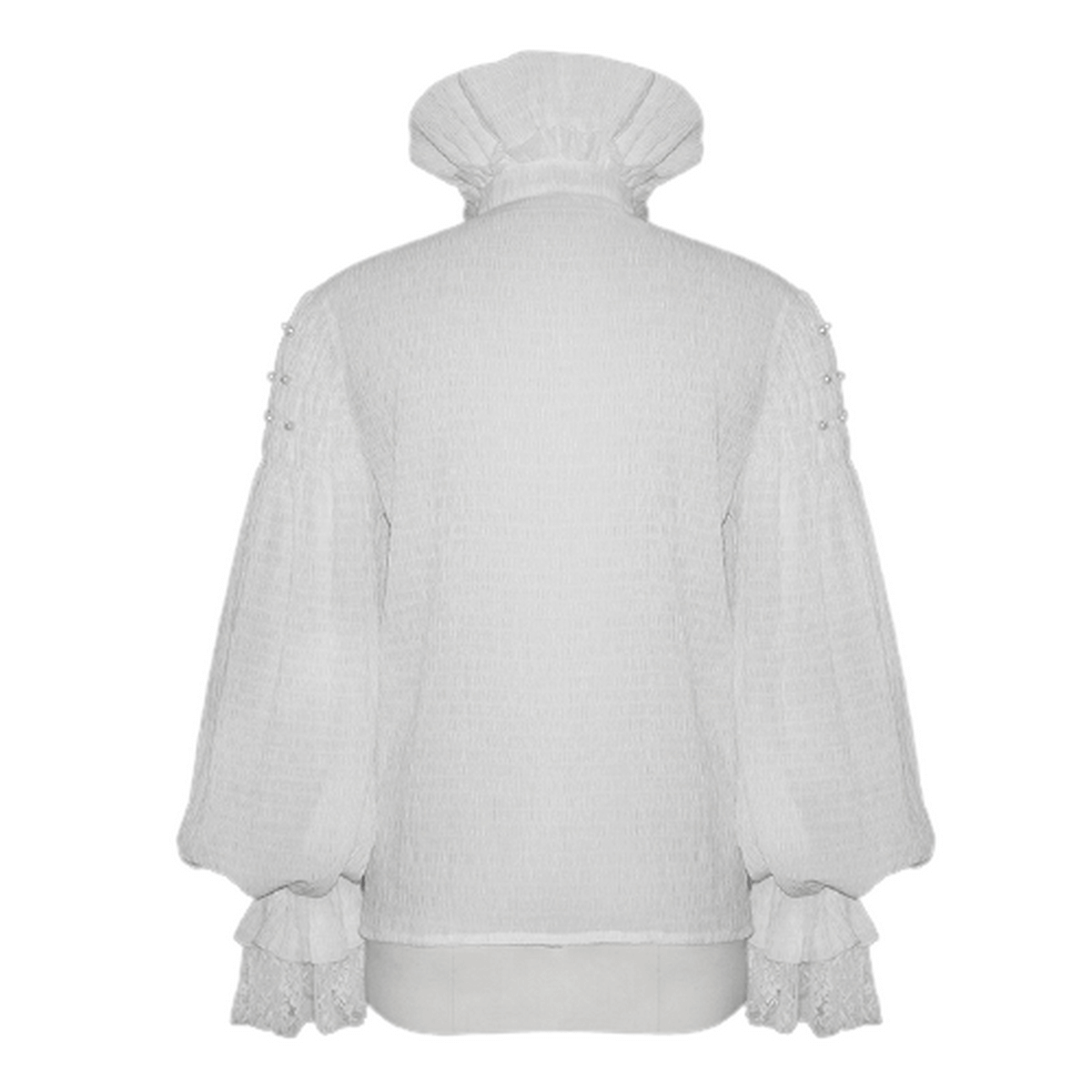 Back view of a gothic style white long sleeve shirt with ruffled collar and lace cuffs for men.