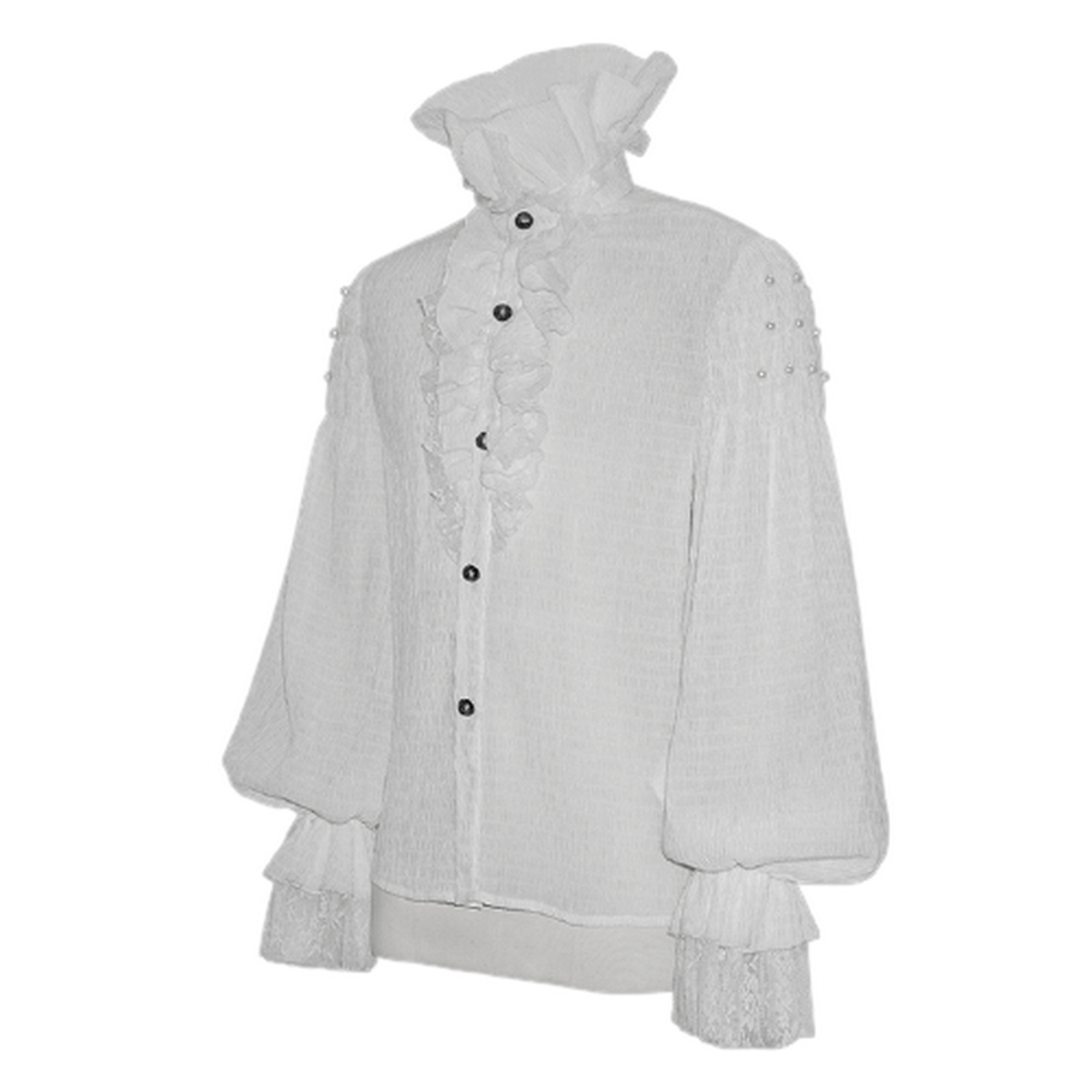 Elegant gothic white long sleeve shirt with ruffles and lace cuffs for men, perfect for vintage style.