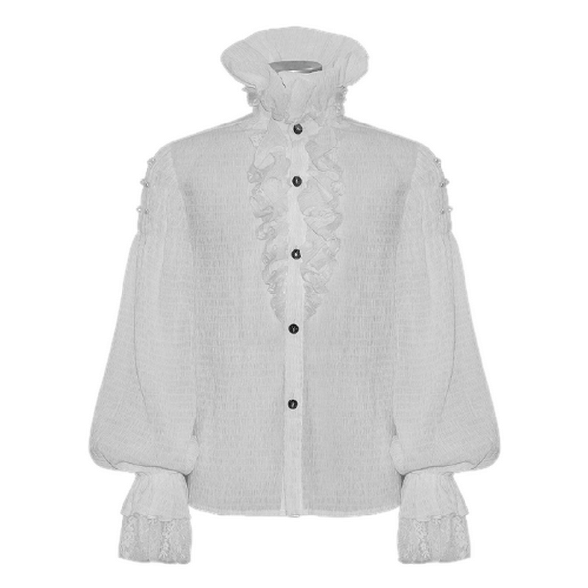 Gothic style white long sleeve shirt with lace cuffs and ruffled collar for men, perfect for vintage wardrobe.