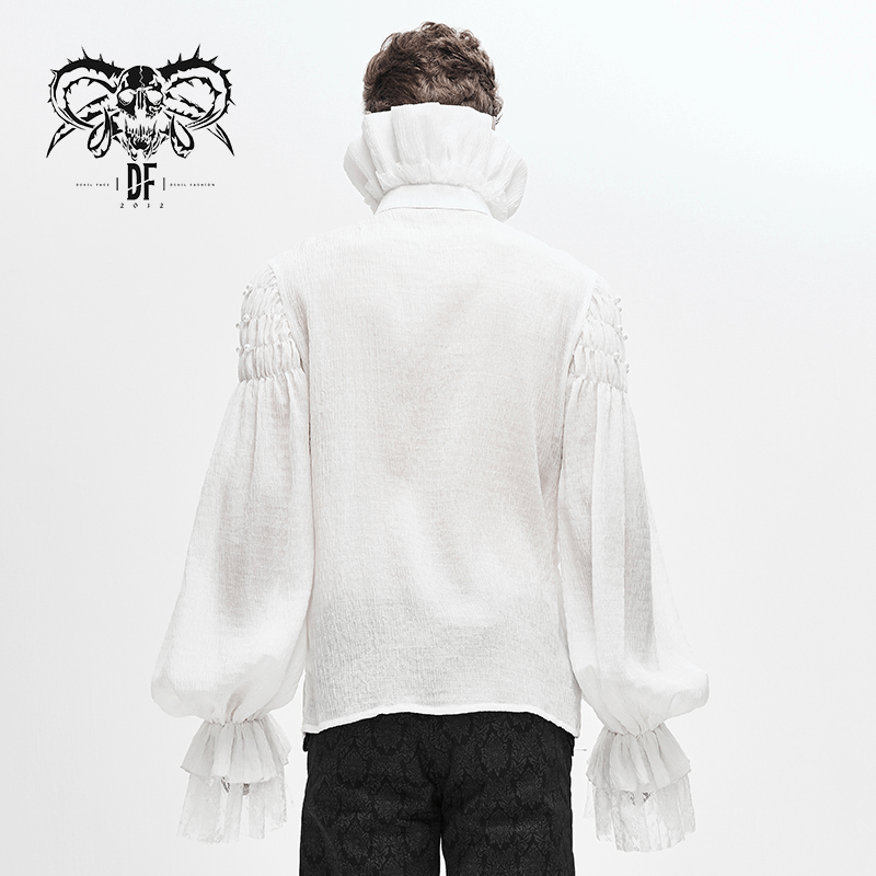 Gothic Style White Male Long Sleeve & Stand Collar Shirt / Vintage Blouses with Lace Cuffs for Men - HARD'N'HEAVY