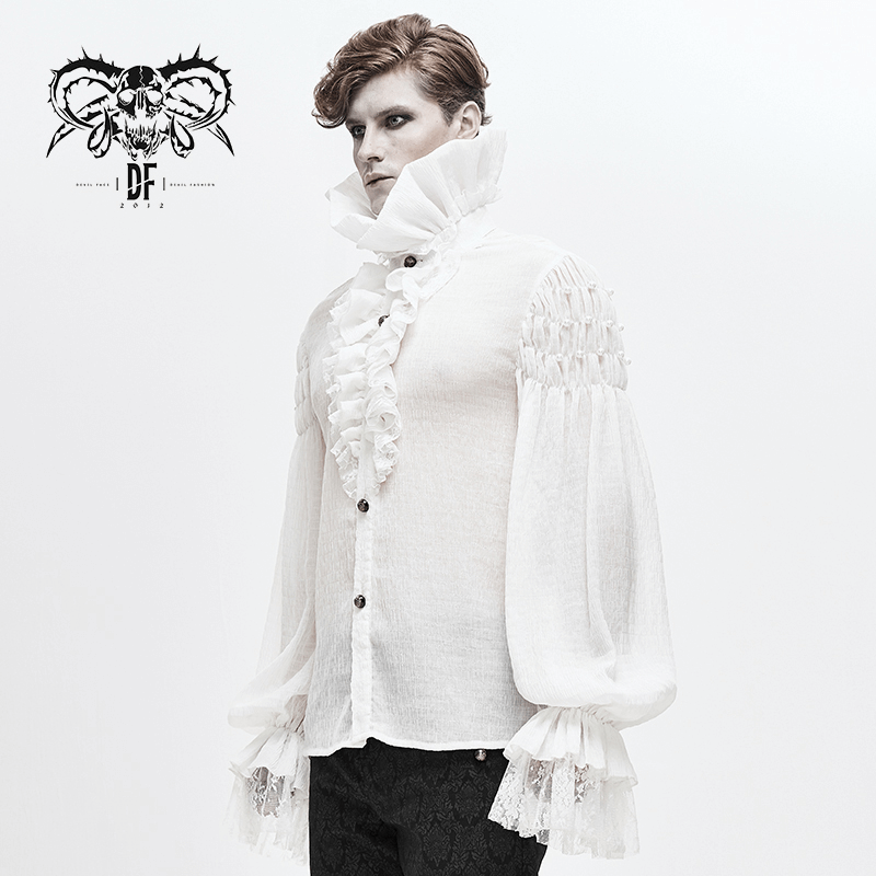 Gothic Style White Male Long Sleeve & Stand Collar Shirt / Vintage Blouses with Lace Cuffs for Men - HARD'N'HEAVY