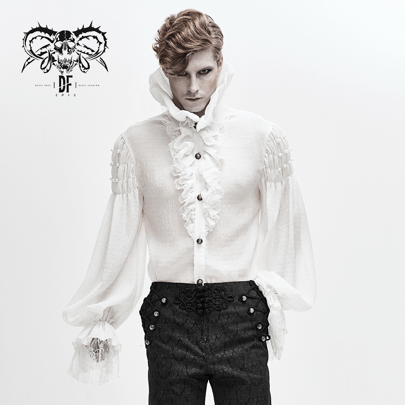 Gothic style white long sleeve shirt for men with ruffles and lace cuffs, perfect for vintage outfits.