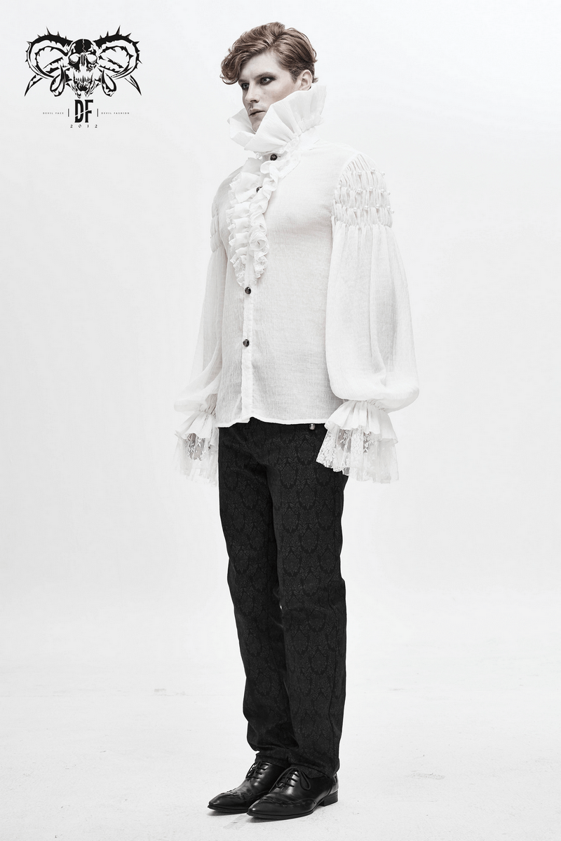 Gothic vintage white long sleeve shirt for men with ruffles and lace cuffs, styled for a unique fashion statement.