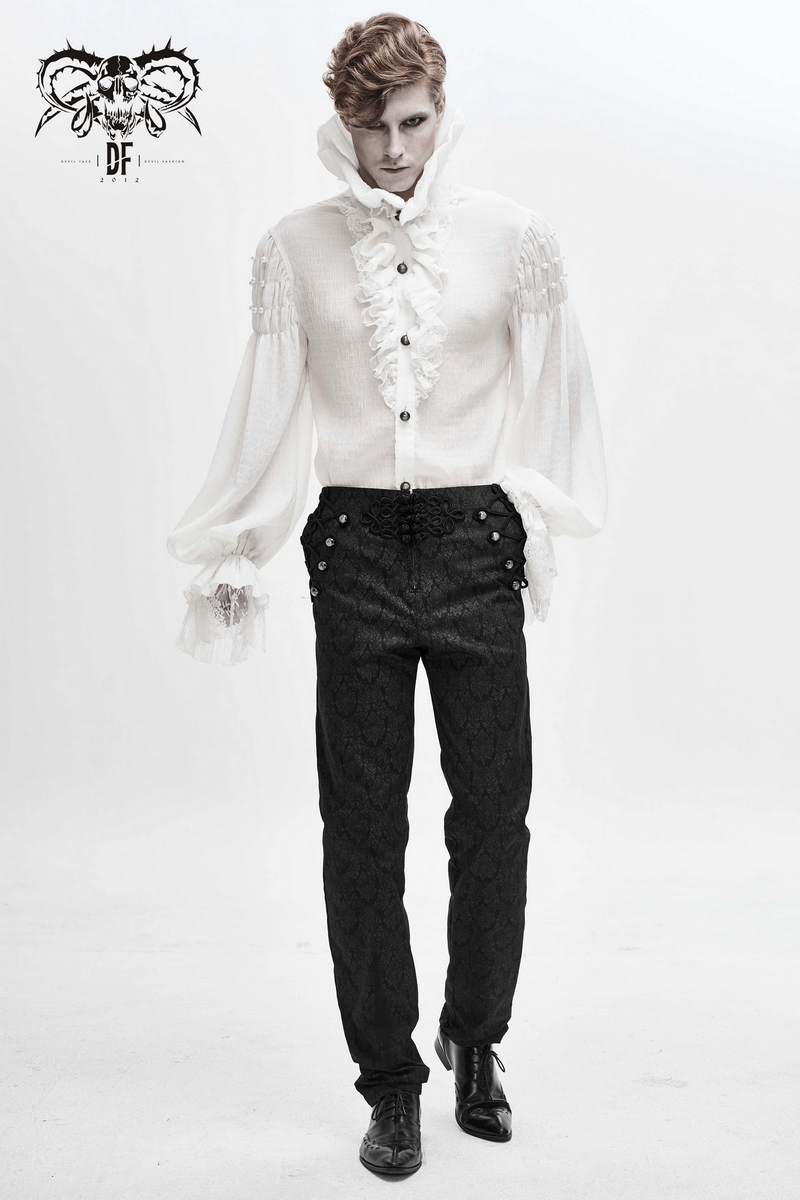 Gothic Style White Male Long Sleeve & Stand Collar Shirt / Vintage Blouses with Lace Cuffs for Men - HARD'N'HEAVY