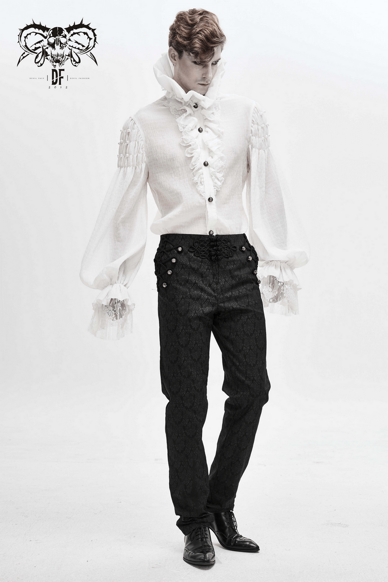 Gothic style white long sleeve shirt with lace cuffs and ruffles, paired with black vintage trousers for men.