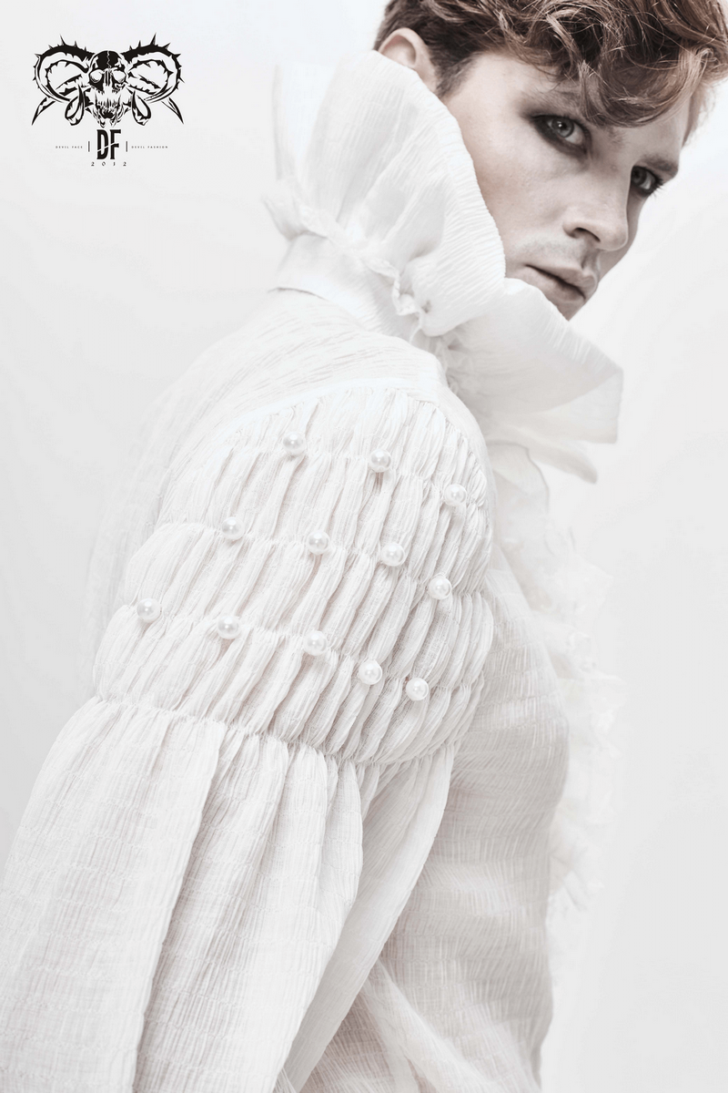 Gothic style white long sleeve shirt for men with vintage lace cuffs and ruffles in elegant design.