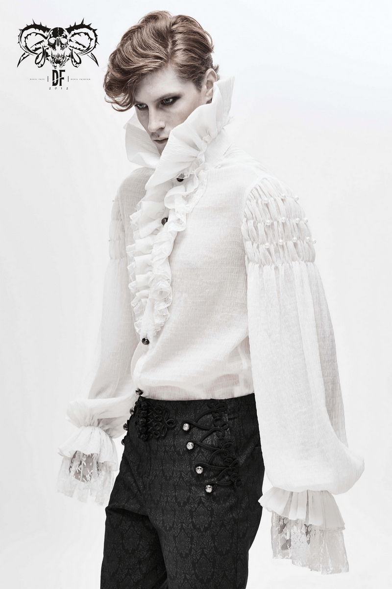 Gothic style white long sleeve shirt with lace cuffs and ruffles, perfect for vintage-inspired men's fashion.