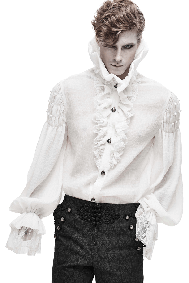 Gothic Style White Male Long Sleeve & Stand Collar Shirt / Vintage Blouses with Lace Cuffs for Men - HARD'N'HEAVY