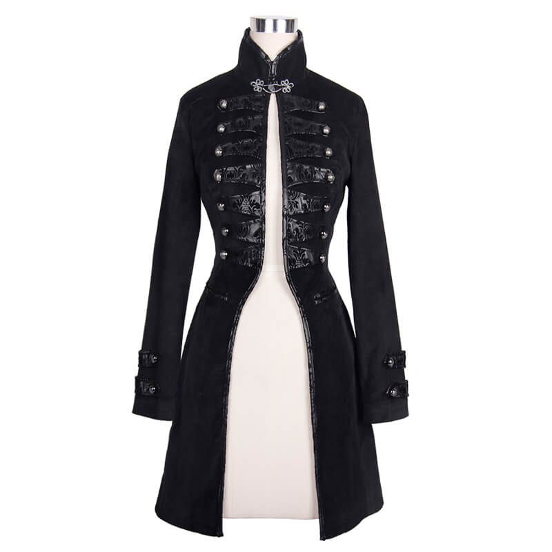 Vintage Gothic women's black cotton coat with stand collar and long sleeves, featuring stylish button details.