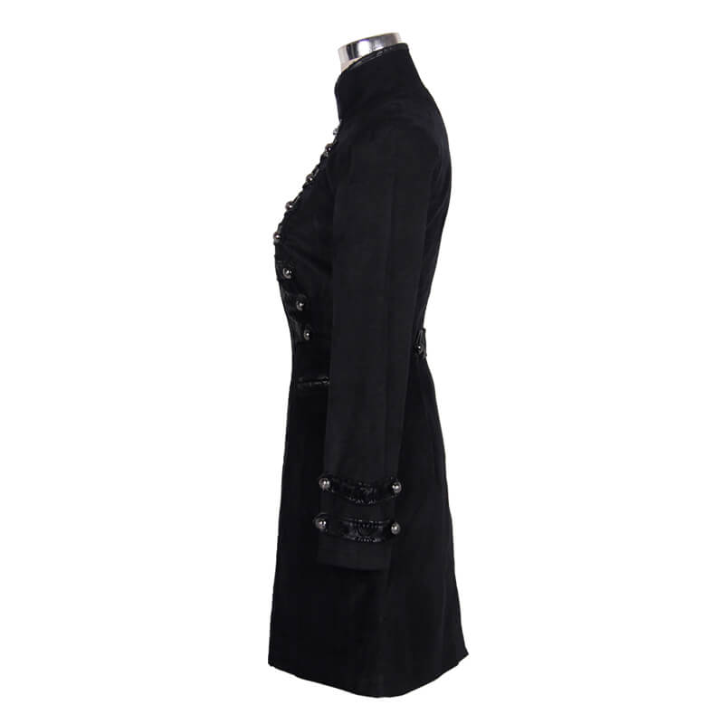 Gothic style women's black cotton coat with a vintage design and fitted cut, showcasing a stylish collar and long sleeves.