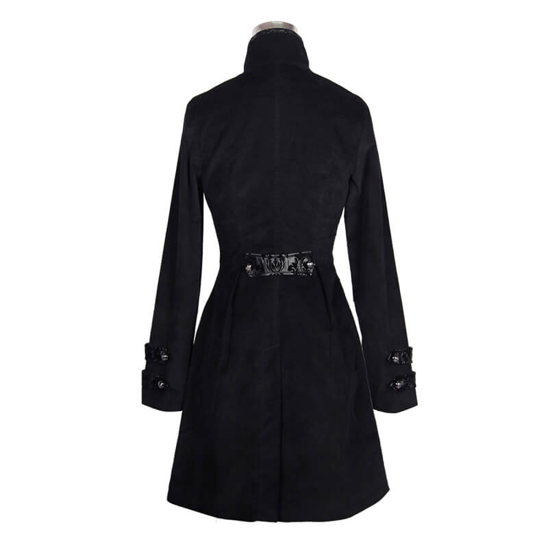 Gothic style women's black trench coat, vintage retro design, back view showing fitted cut and decorative belt.