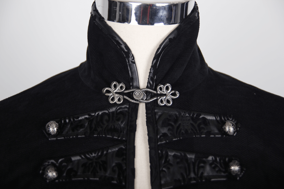 Gothic black cotton coat with intricate silver buttons and vintage design, perfect for a stylish and bold women's wardrobe.