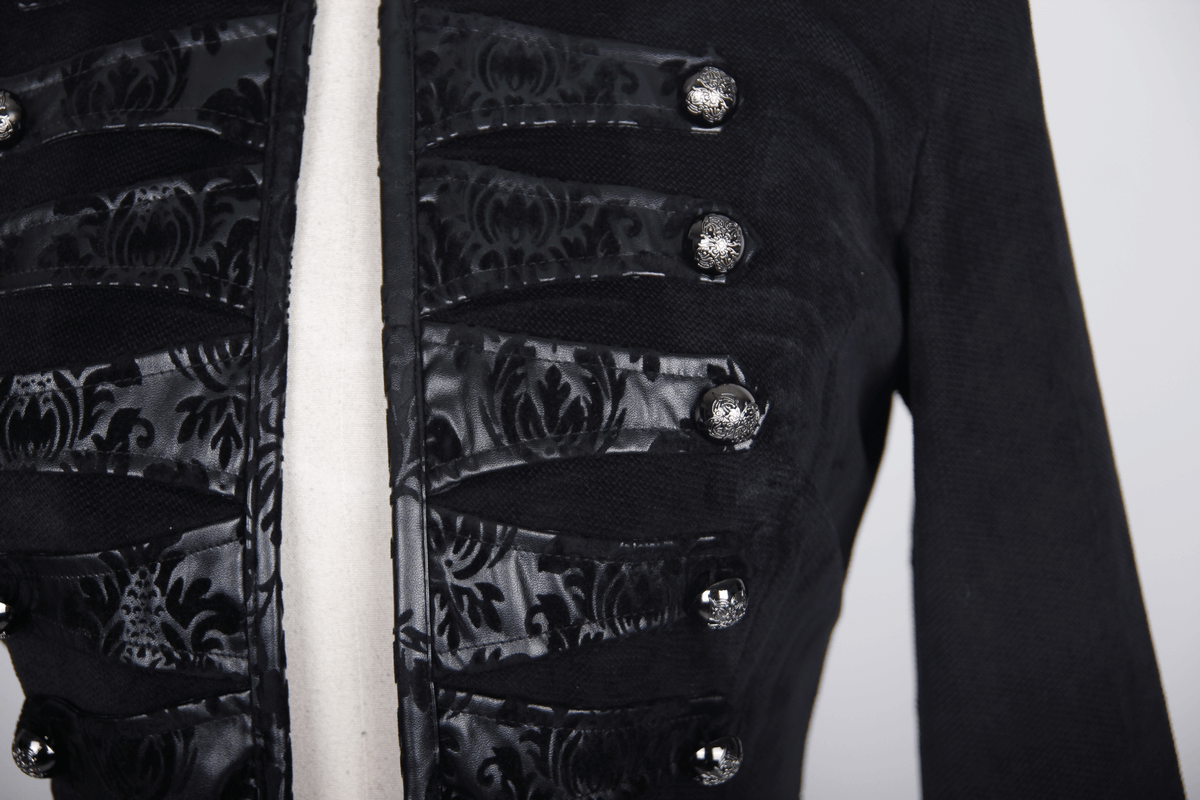 Women's black gothic vintage coat with ornate buttons and velvet detailing.