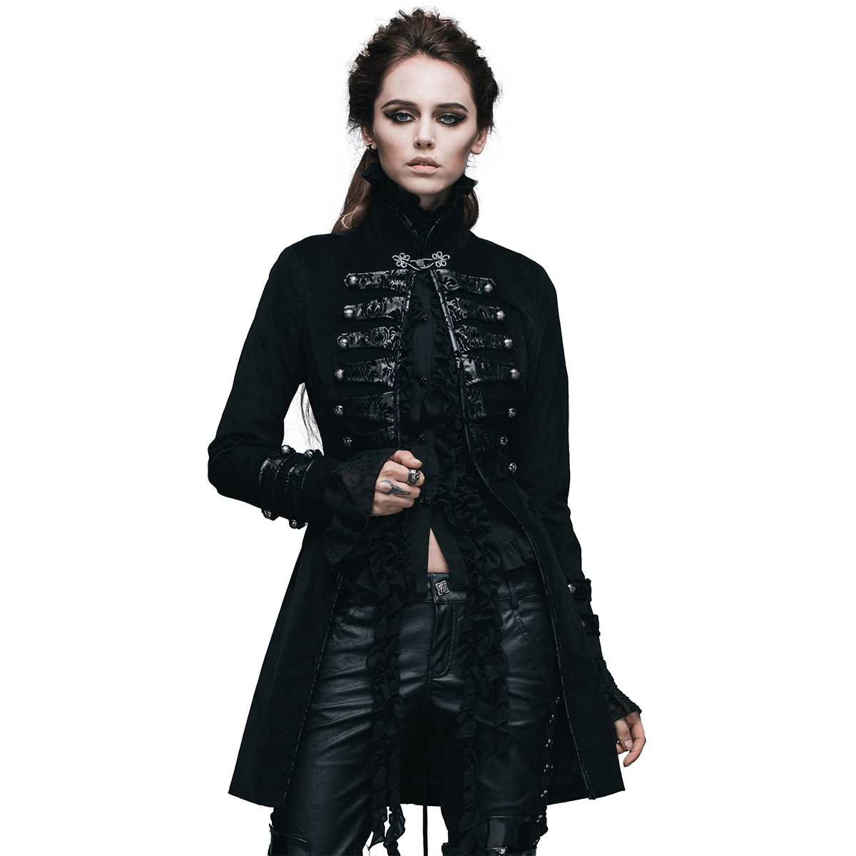 Gothic style women's black vintage coat with intricate design and fitted cut, perfect addition to a retro-inspired wardrobe.