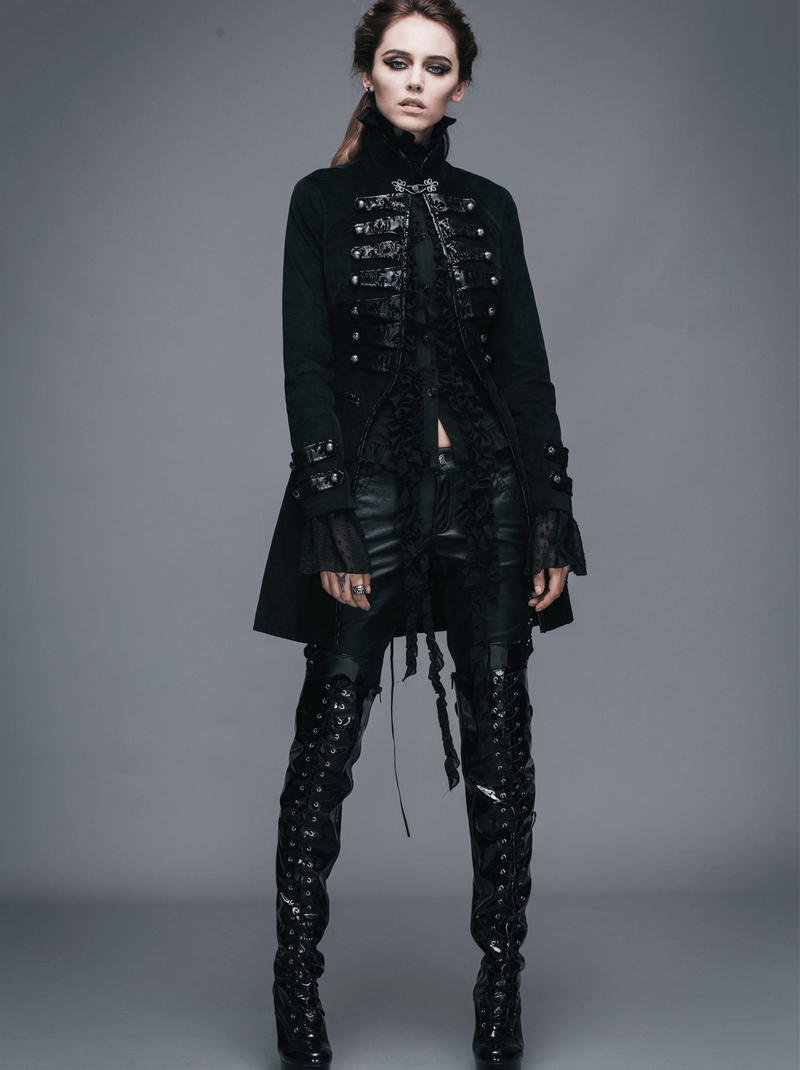 Gothic Style Women's Black Cotton Coat / Vintage Stand Collar Long Sleeve Outwear - HARD'N'HEAVY