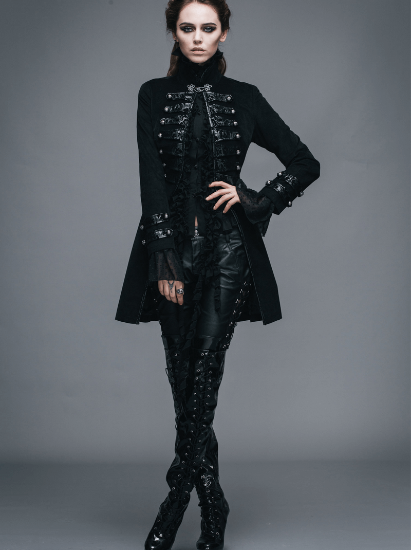 Gothic style women's black cotton coat with vintage trench design, perfect for retro fashion enthusiasts seeking a fitted and stylish look.