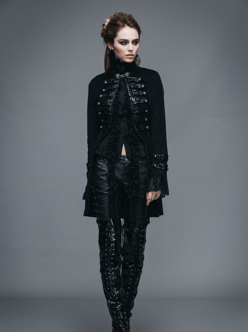 Gothic Style Women's Black Cotton Coat / Vintage Stand Collar Long Sleeve Outwear - HARD'N'HEAVY