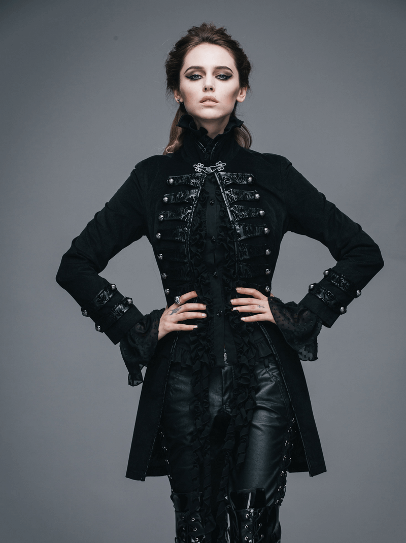 Gothic Style Women's Black Cotton Coat / Vintage Stand Collar Long Sleeve Outwear - HARD'N'HEAVY