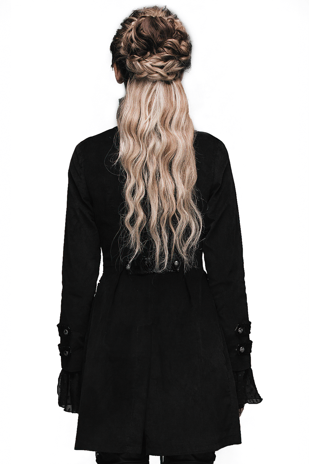 Back view of a model in a vintage gothic black cotton coat, showcasing elegant long hair and stylish design.