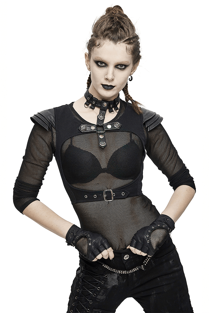 Gothic Style Women's Waistcoat with Engraved Rivets / Female Black Top with Chocker with Buckles - HARD'N'HEAVY