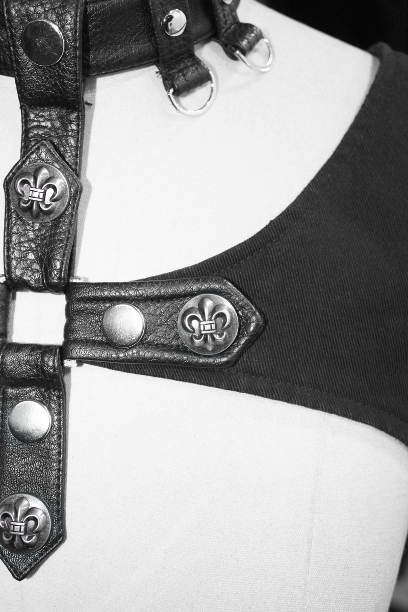 Gothic Style Women's Waistcoat with Engraved Rivets / Female Black Top with Chocker with Buckles - HARD'N'HEAVY