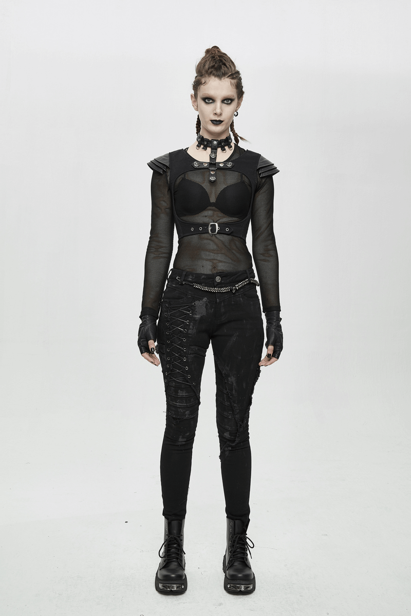 Gothic Style Women's Waistcoat with Engraved Rivets / Female Black Top with Chocker with Buckles - HARD'N'HEAVY