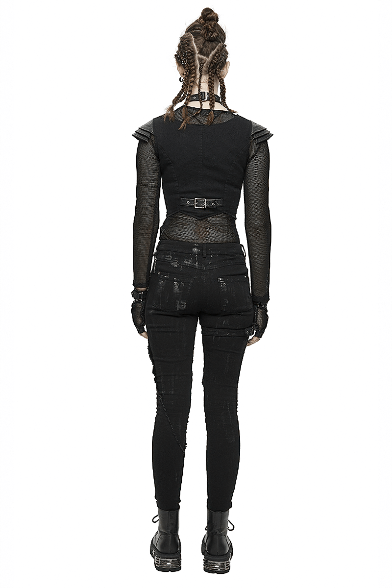 Gothic Style Women's Waistcoat with Engraved Rivets / Female Black Top with Chocker with Buckles - HARD'N'HEAVY