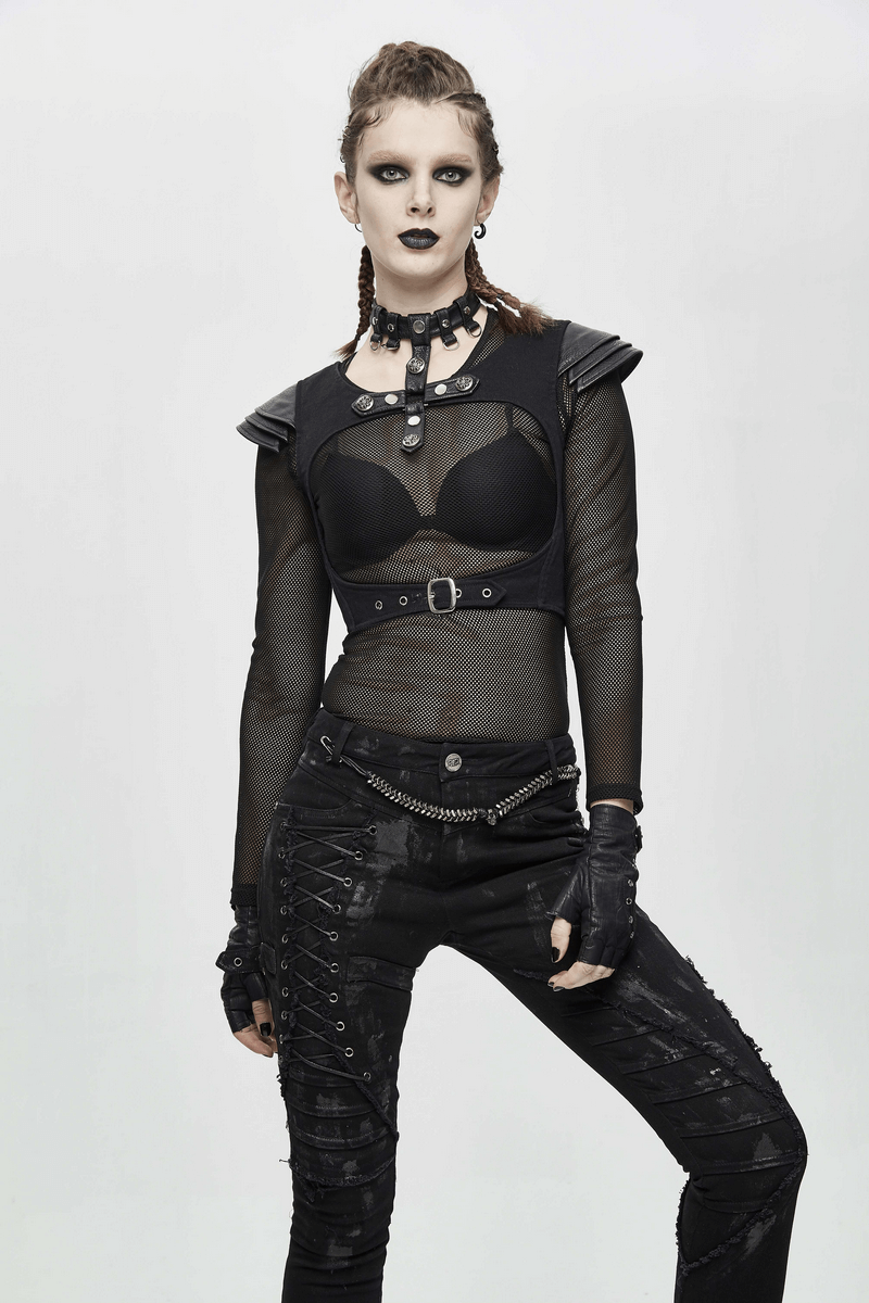 Gothic Style Women's Waistcoat with Engraved Rivets / Female Black Top with Chocker with Buckles - HARD'N'HEAVY