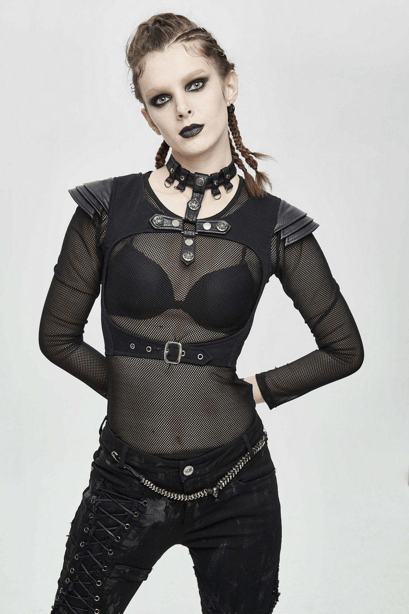 Gothic Style Women's Waistcoat with Engraved Rivets / Female Black Top with Chocker with Buckles - HARD'N'HEAVY