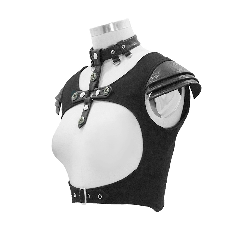 Gothic Style Women's Waistcoat with Engraved Rivets / Female Black Top with Chocker with Buckles - HARD'N'HEAVY