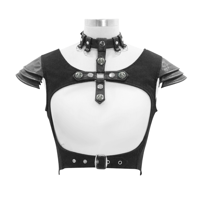 Gothic Style Women's Waistcoat with Engraved Rivets / Female Black Top with Chocker with Buckles - HARD'N'HEAVY