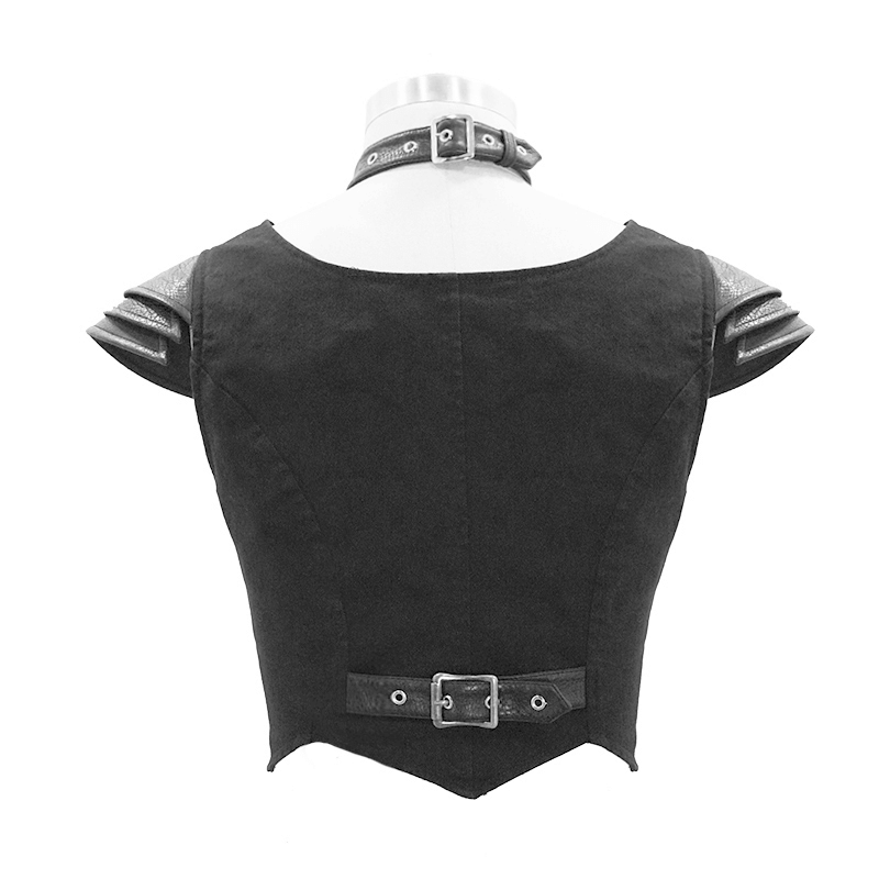 Gothic Style Women's Waistcoat with Engraved Rivets / Female Black Top with Chocker with Buckles - HARD'N'HEAVY