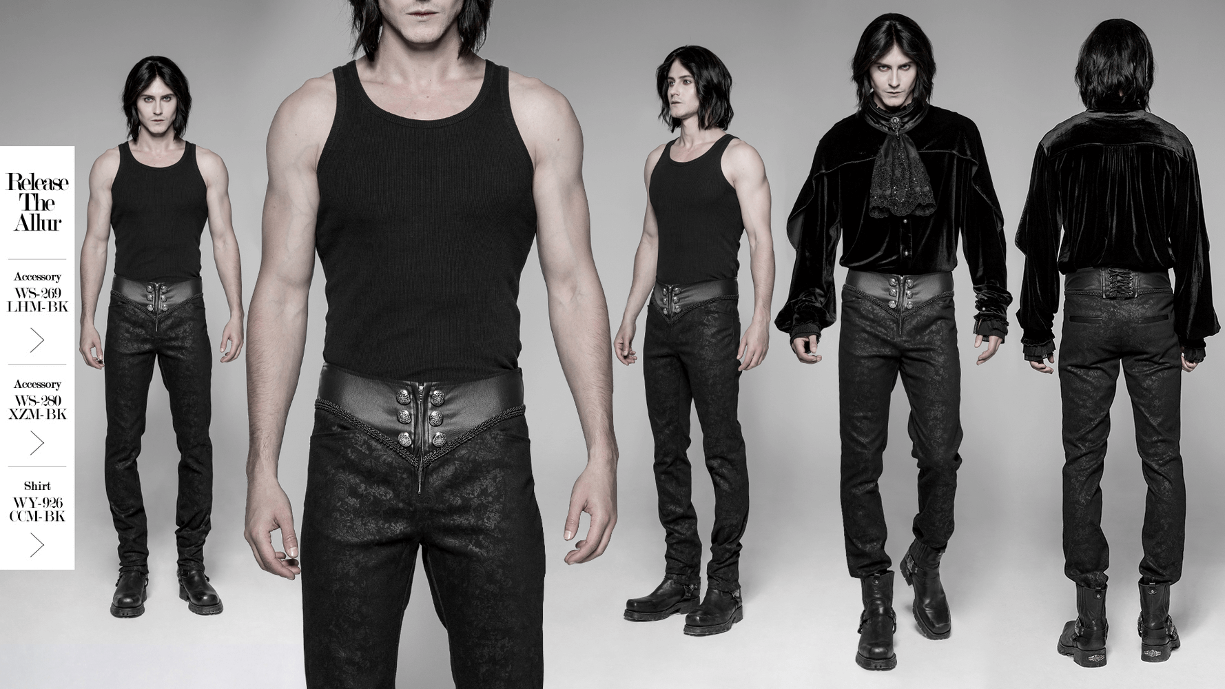 Gothic stylish black skinny jeans with lace-up back, paired with edgy tank tops and accessories for a bold fashion look.