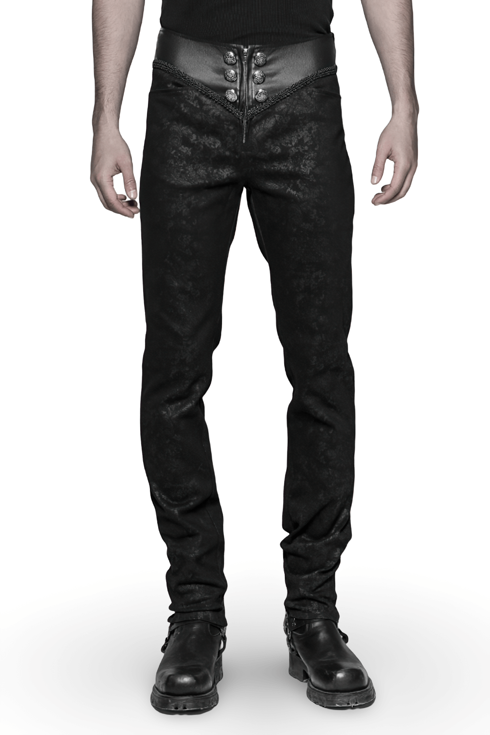 Edgy gothic black lace-up back skinny jeans with embossed fabric and statement zipper detail.