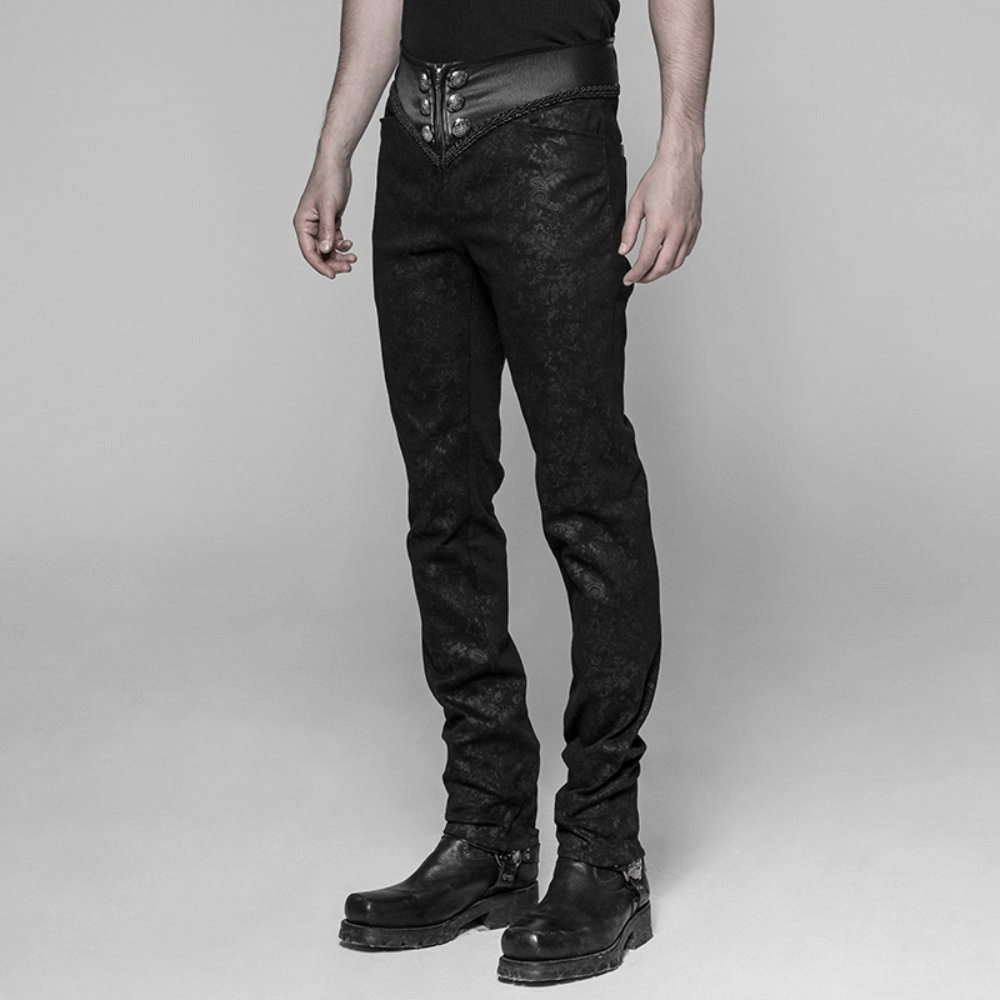 Gothic black lace up skinny jeans with embossed fabric and unique waistband, perfect for edgy outfits.