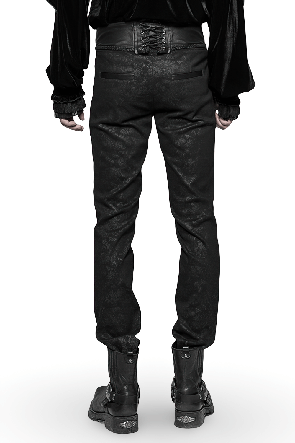 Back view of Gothic black skinny jeans with lace-up detail and unique embossed fabric, perfect for edgy fashion enthusiasts.
