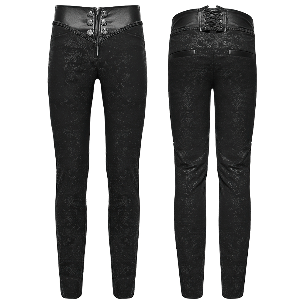 Gothic black skinny jeans with lace-up back, embossed fabric, and button front for a bold, edgy style.