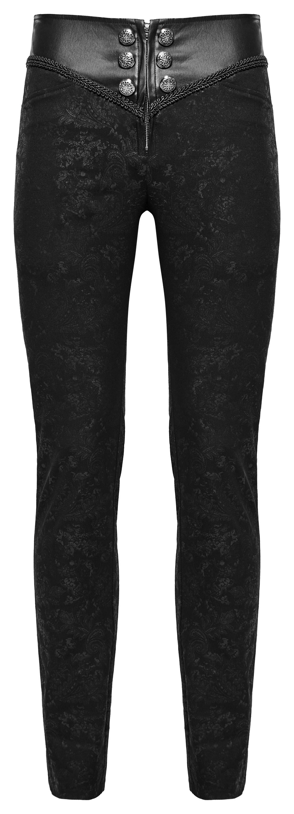 Gothic black skinny jeans with lace-up back and zipper front, featuring embossed fabric for edgy style and comfort.