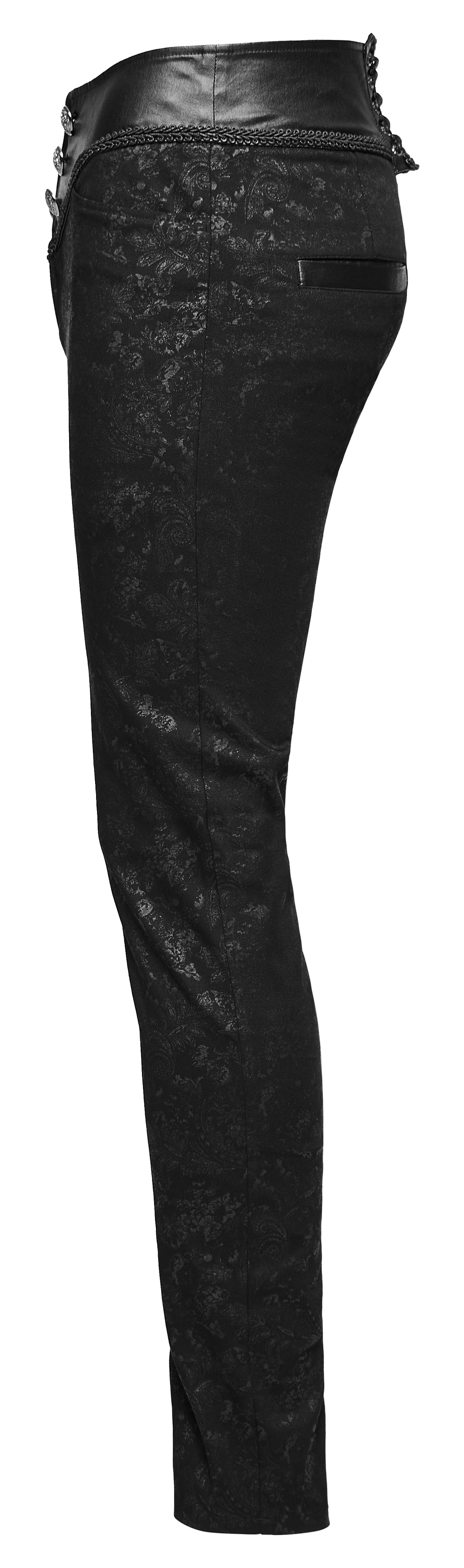 Gothic black lace up skinny jeans showcasing a dramatic side view with embossed fabric and leather waistband.