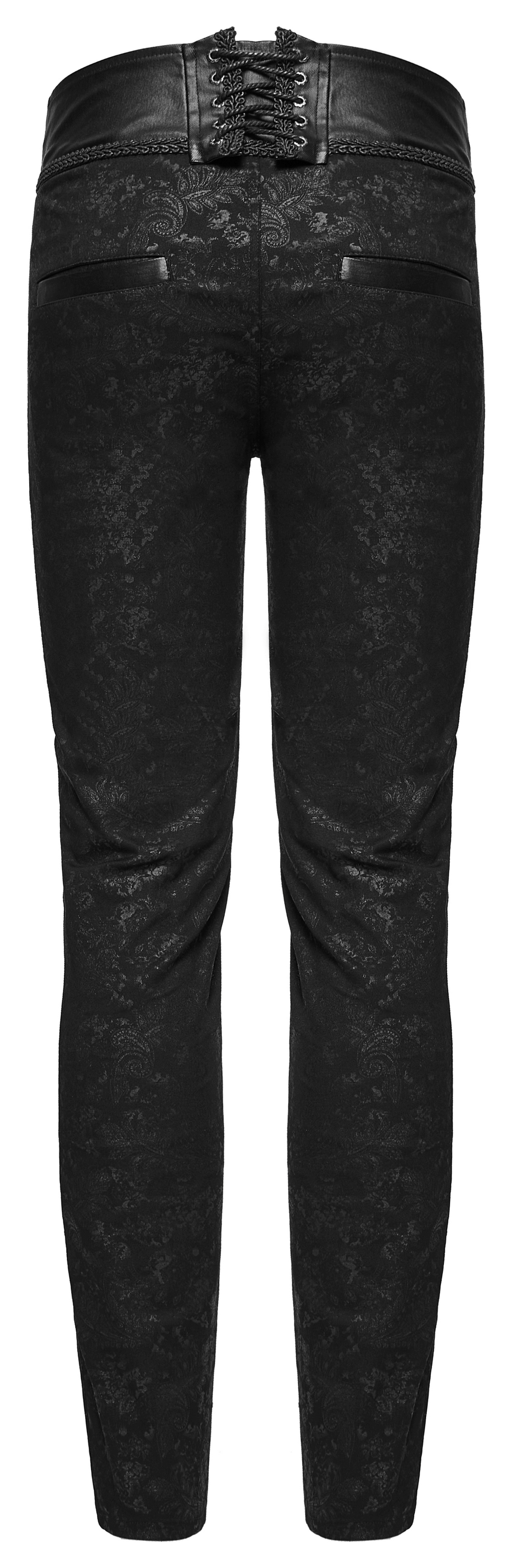 Gothic black lace-up back skinny jeans with embossed fabric and stylish leather waistband, perfect for an edgy look.
