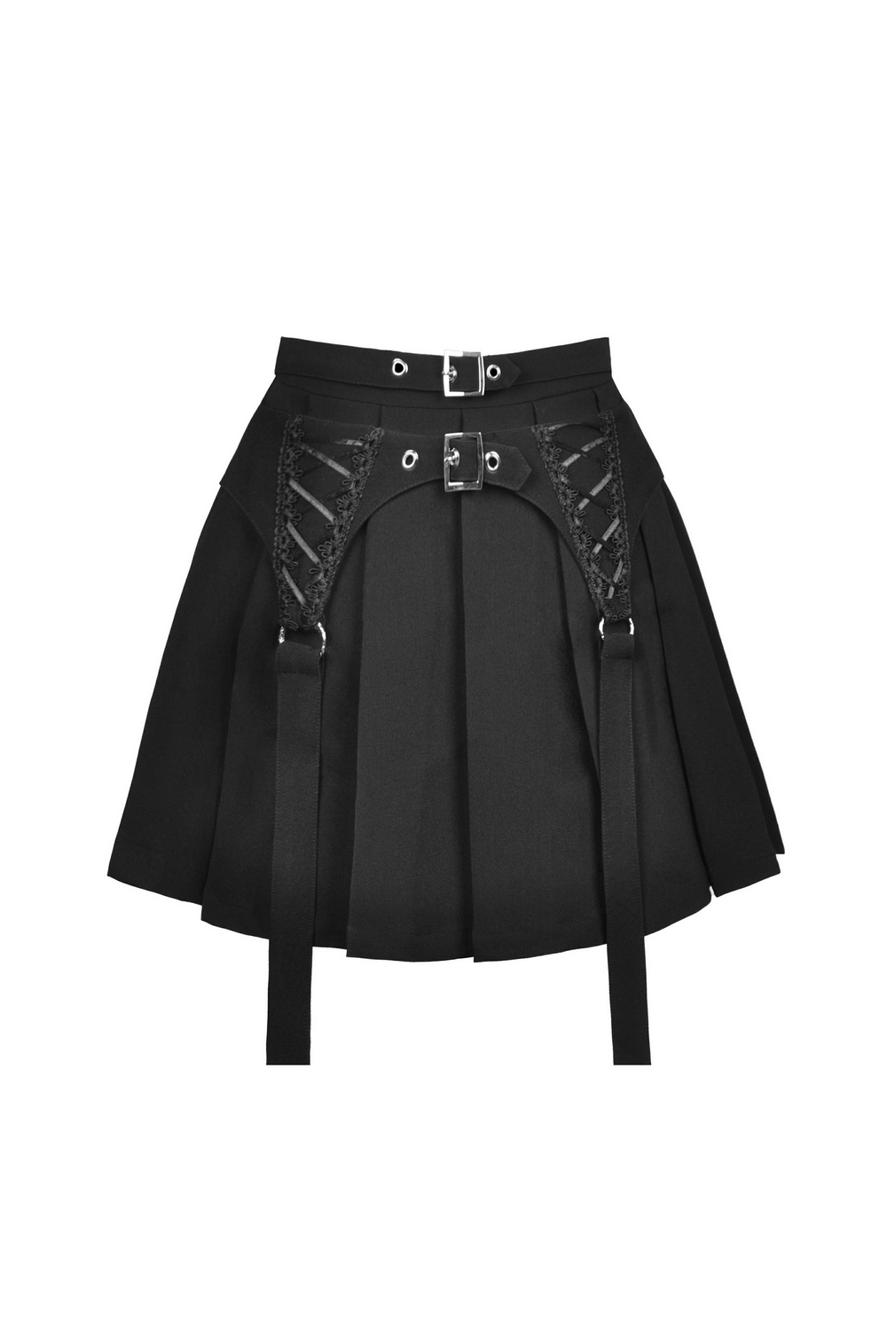 Gothic black pleated mini skirt with lace-up detail and buckle accents, perfect for trendy outfits.
