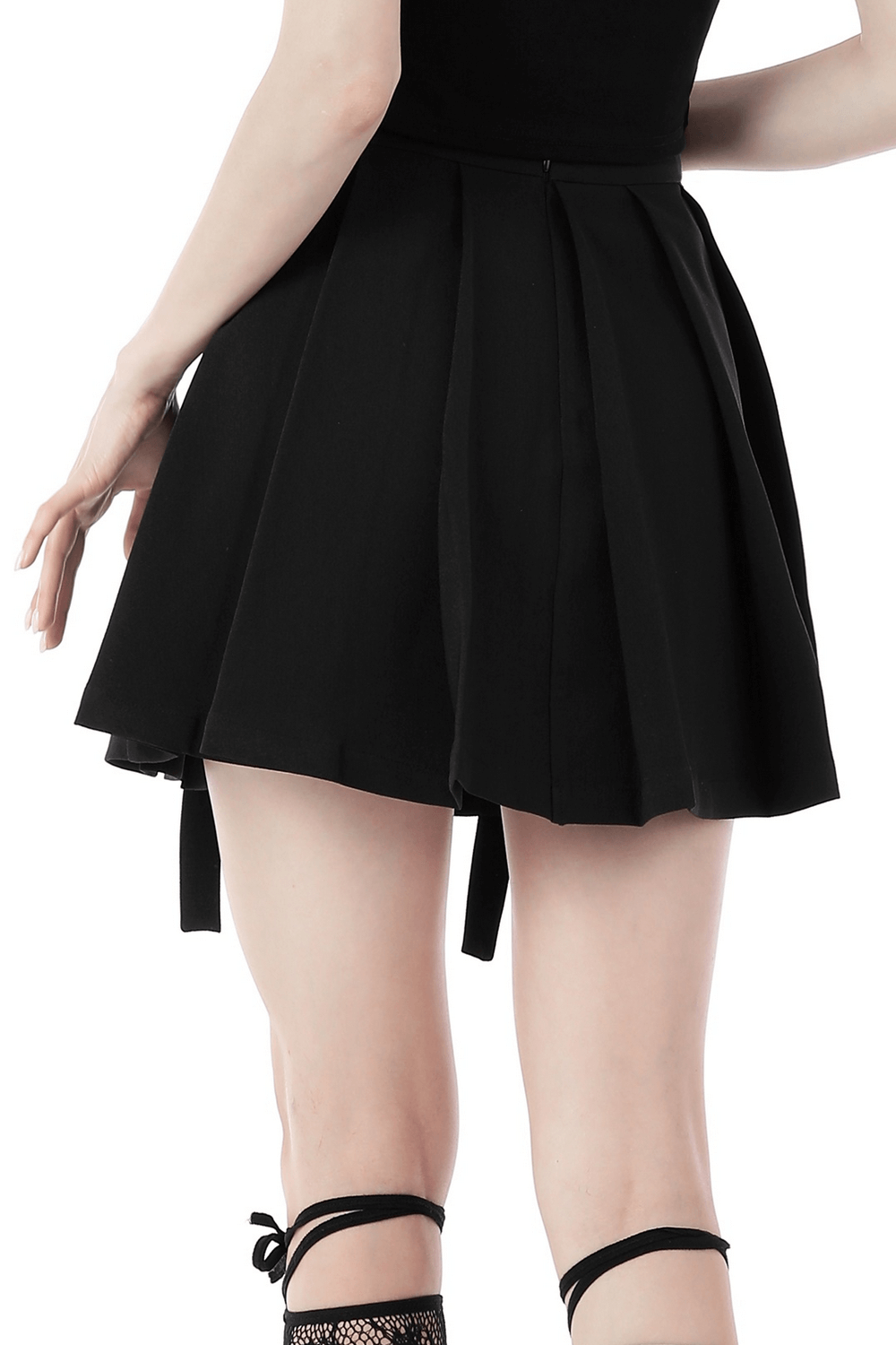 Stylish black pleated mini skirt with lace-up detail and buckle accents, perfect for a modern fashionable look.