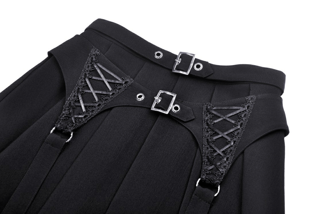 Close-up of a Gothic black pleated skirt featuring lace-up detail and stylish buckle accents.