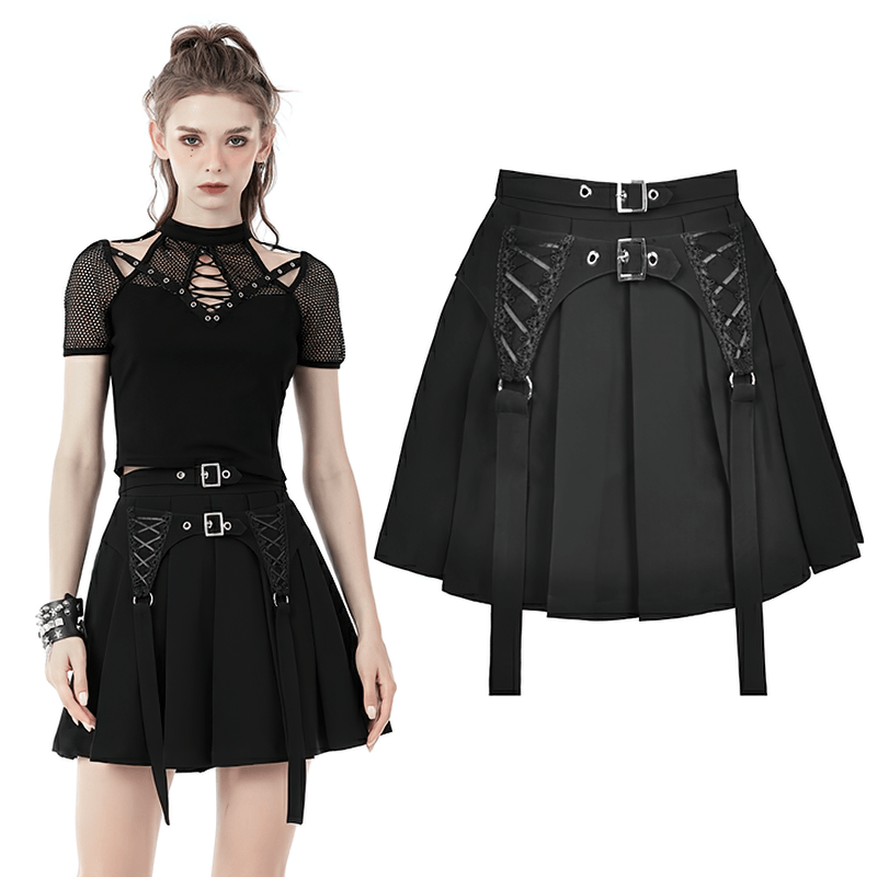 Gothic black pleated mini skirt with lace-up details and buckle accents, styled for a fashionable look.