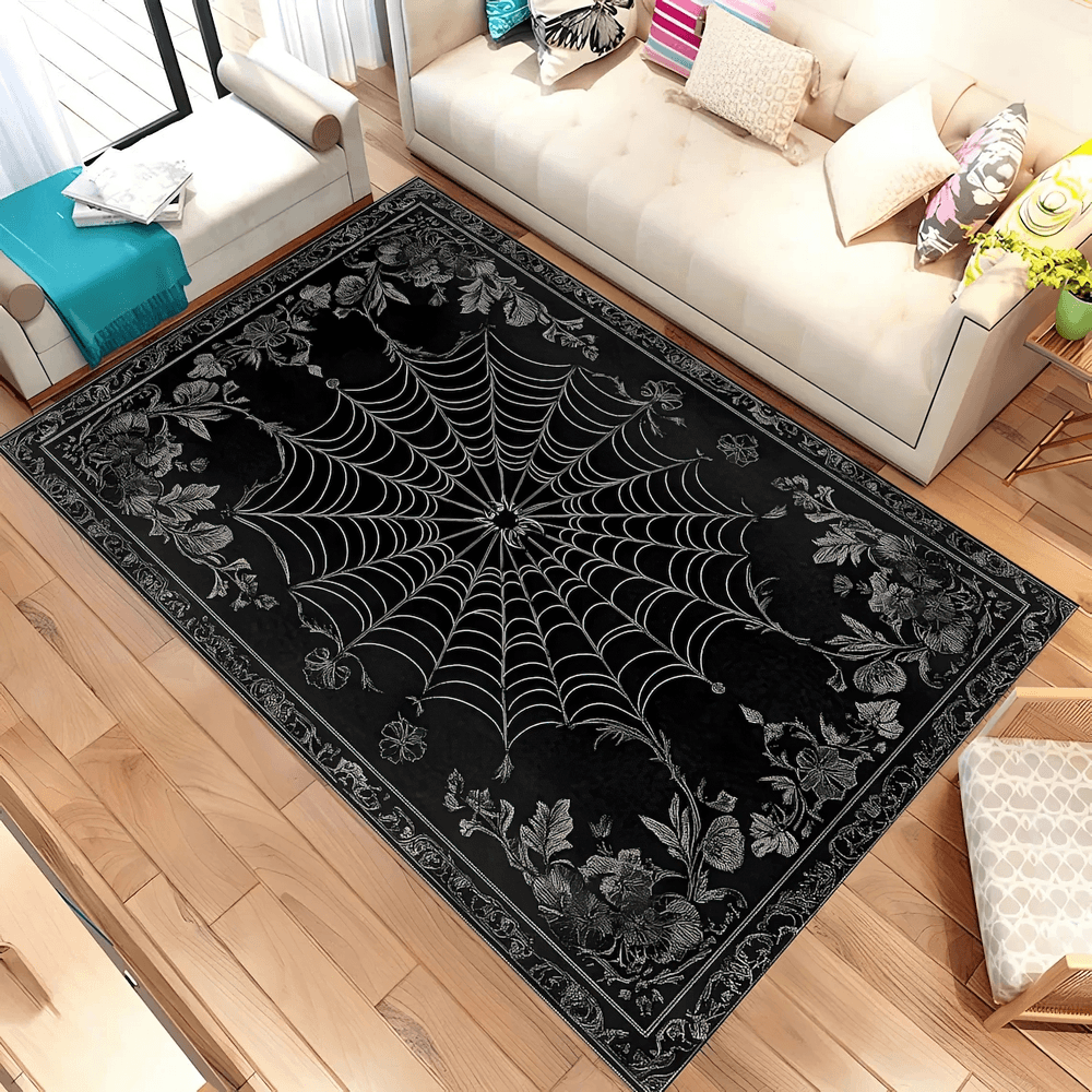 Gothic Stylish Spiderweb Area Rug for Dark Decor, featuring floral web art on a black background.