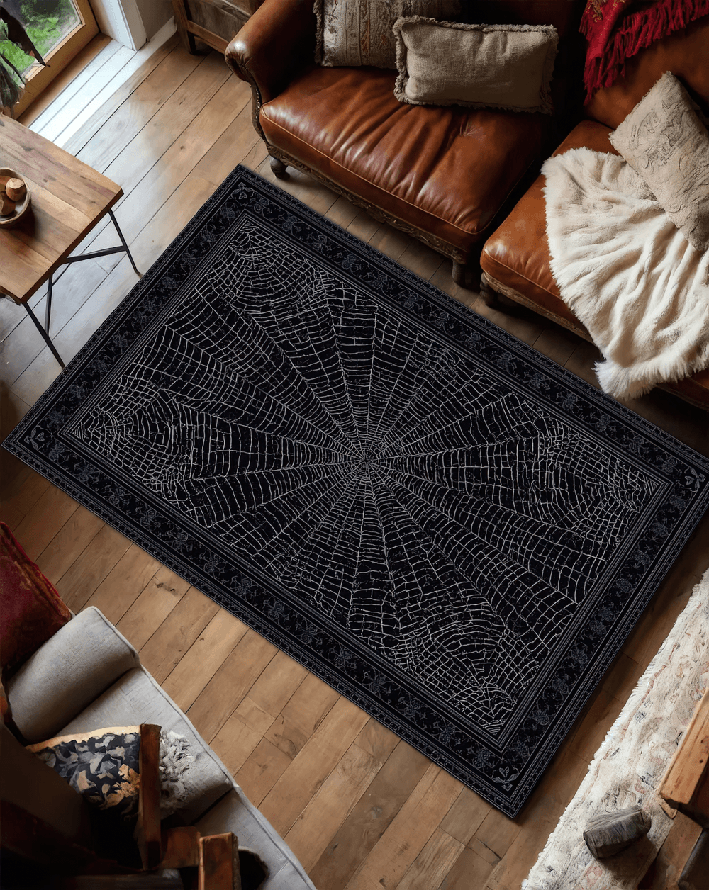 Gothic Stylish Spiderweb Area Rug for Dark Decor in a cozy living room setting.